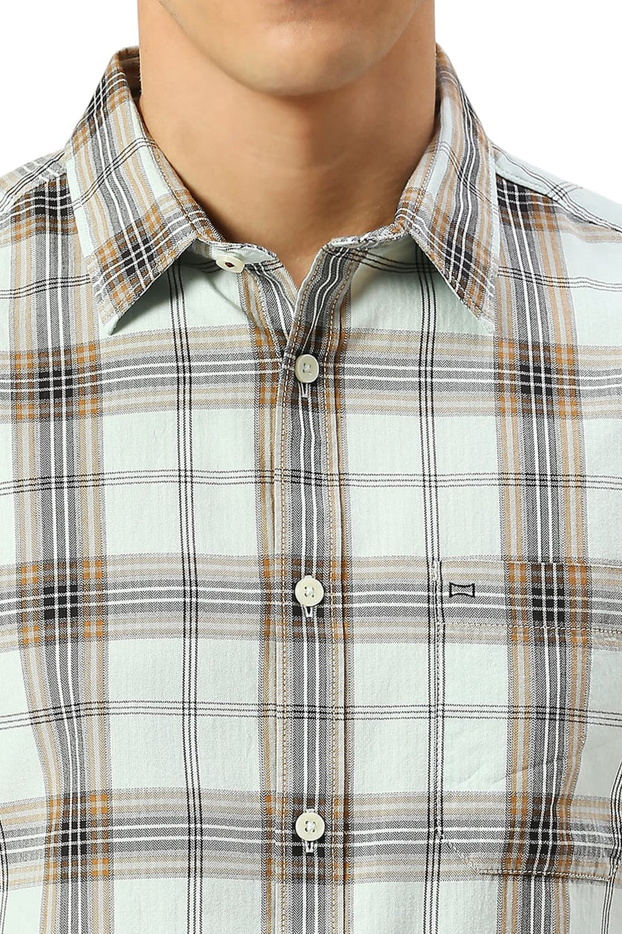 BASICS SLIM FIT SPROUT GREEN COTTON HERRINGBONE TWILL CHECKS SHIRT