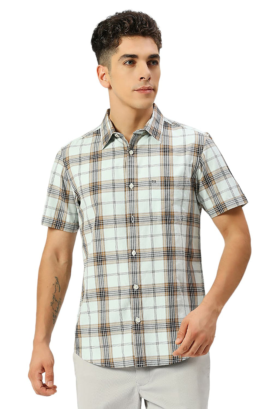 BASICS SLIM FIT SPROUT GREEN COTTON HERRINGBONE TWILL CHECKS HALFSLEEVES SHIRT