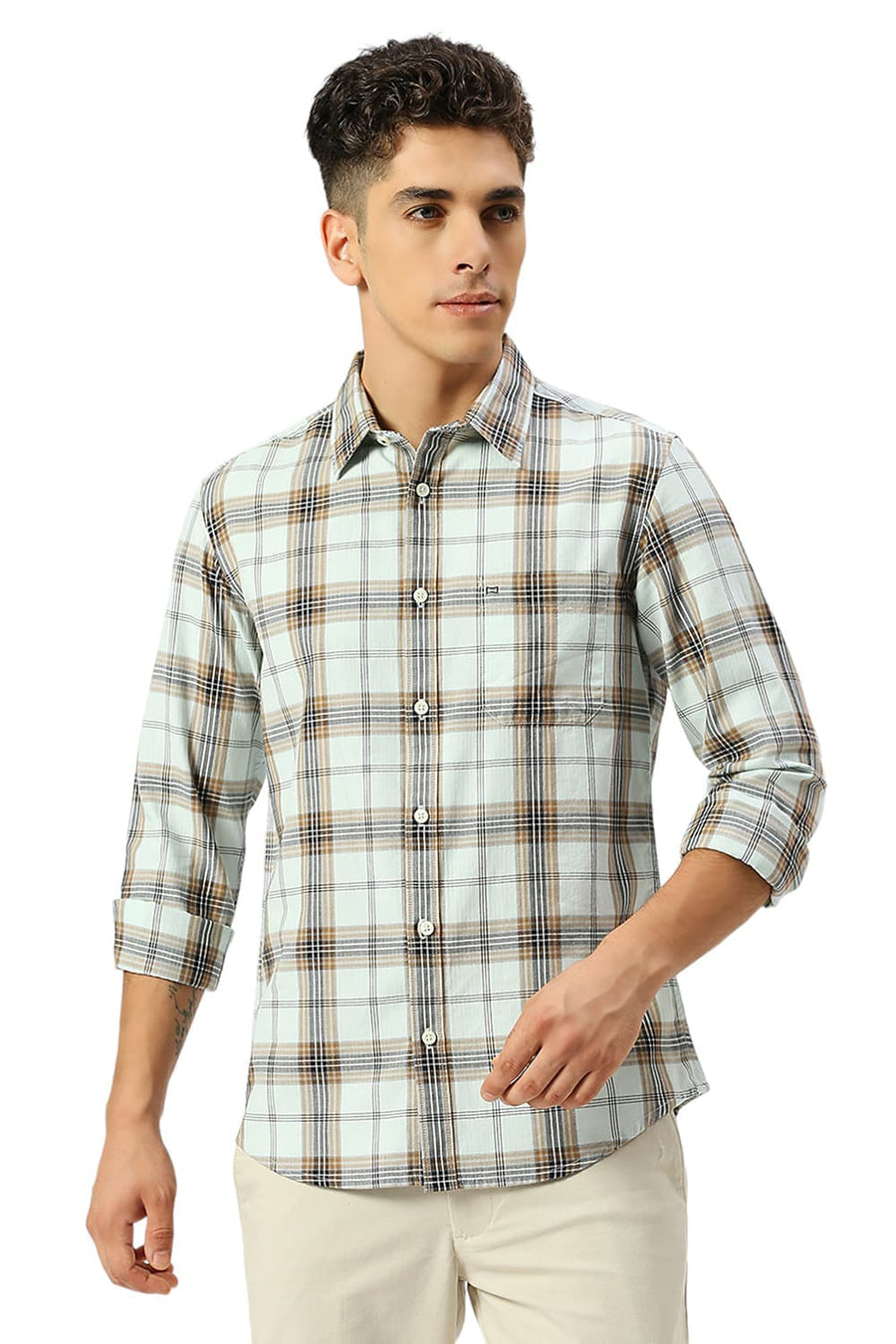 BASICS SLIM FIT SPROUT GREEN COTTON HERRINGBONE TWILL CHECKS SHIRT