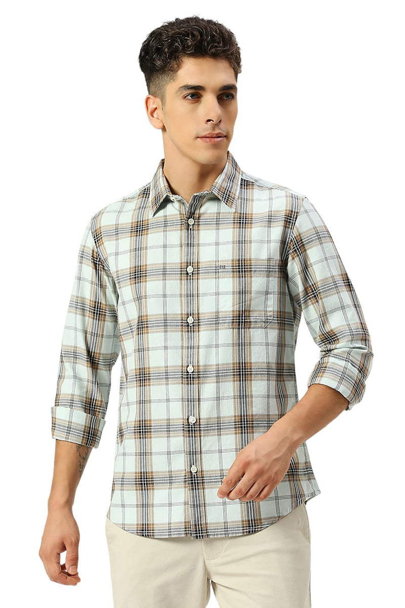 SLIM FIT COTTON HERRINGBONE TWILL CHECKS SHIRT