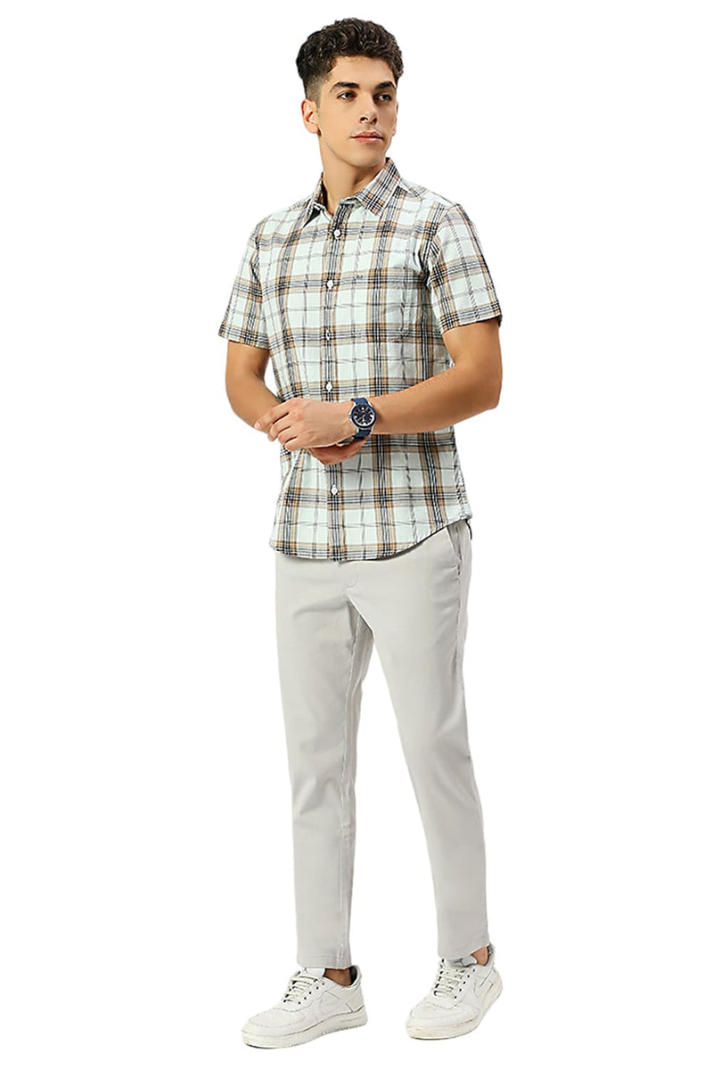 SLIM FIT COTTON HERRINGBONE TWILL CHECKS HALFSLEEVES SHIRT