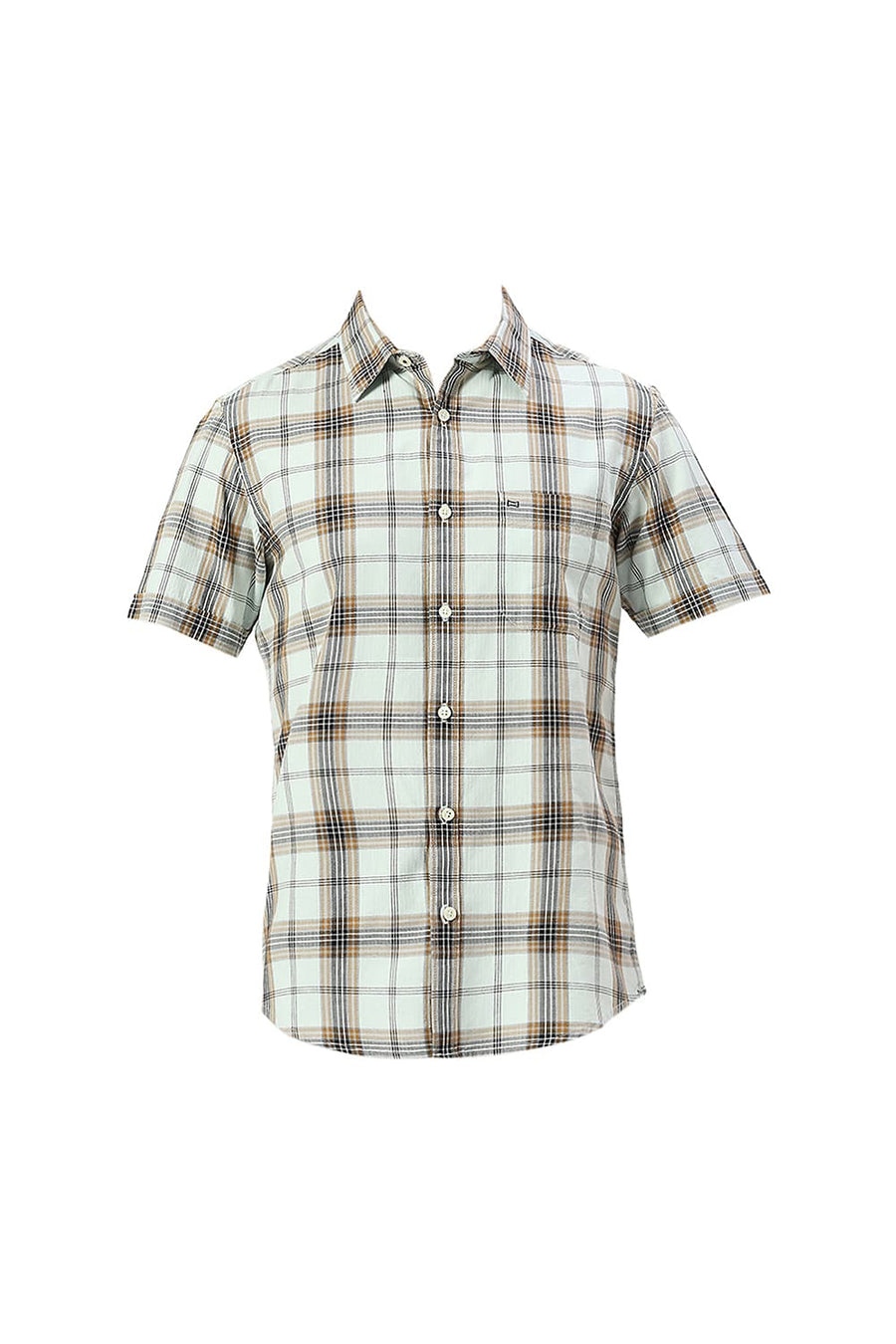 BASICS SLIM FIT SPROUT GREEN COTTON HERRINGBONE TWILL CHECKS HALFSLEEVES SHIRT