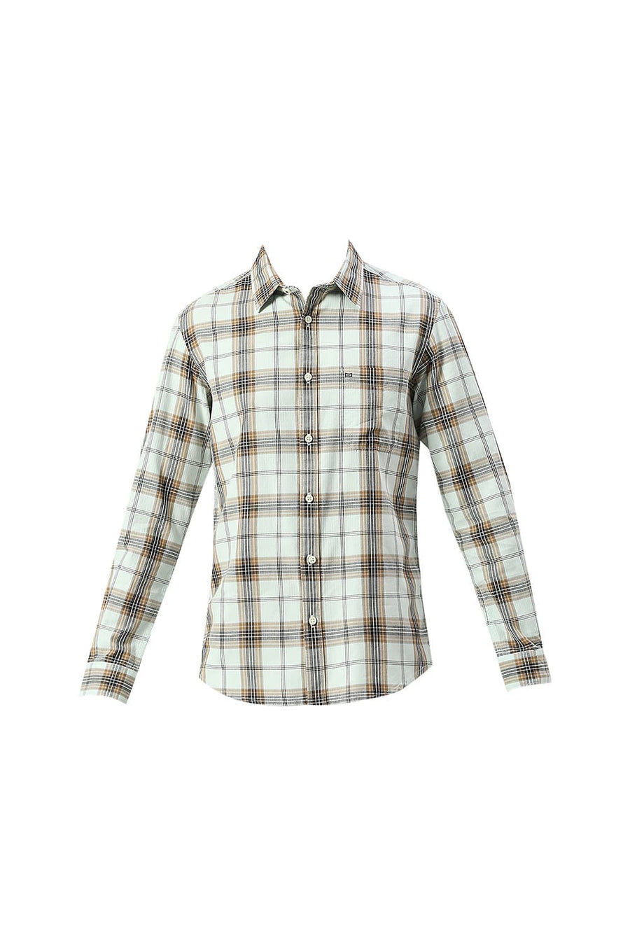 BASICS SLIM FIT SPROUT GREEN COTTON HERRINGBONE TWILL CHECKS SHIRT