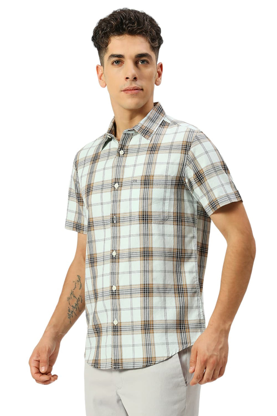 BASICS SLIM FIT SPROUT GREEN COTTON HERRINGBONE TWILL CHECKS HALFSLEEVES SHIRT