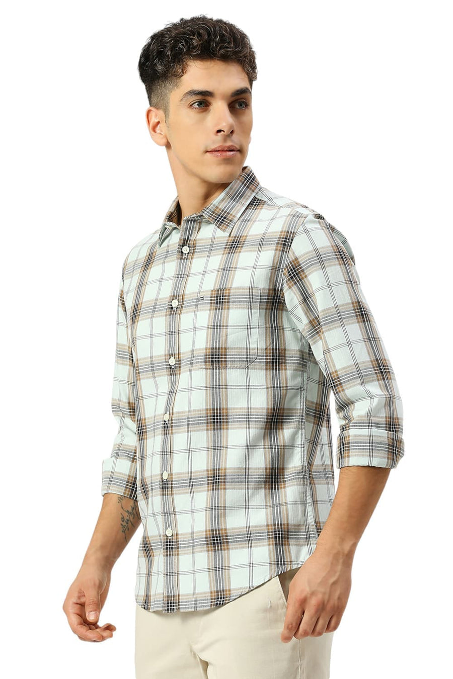 BASICS SLIM FIT SPROUT GREEN COTTON HERRINGBONE TWILL CHECKS SHIRT