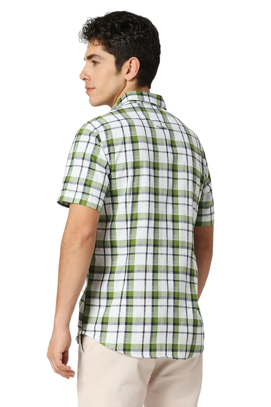 BASICS SLIM FIT TREETOP GREEN COTTON OXFORD CHECKS HALFSLEEVES SHIRT