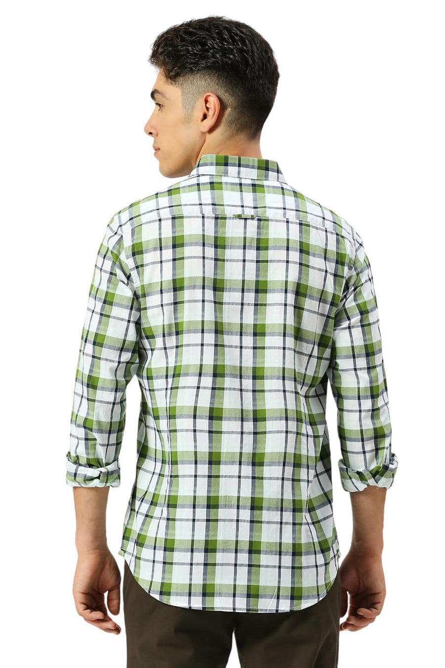 BASICS SLIM FIT TREETOP GREEN COTTON OXFORD CHECKS SHIRT