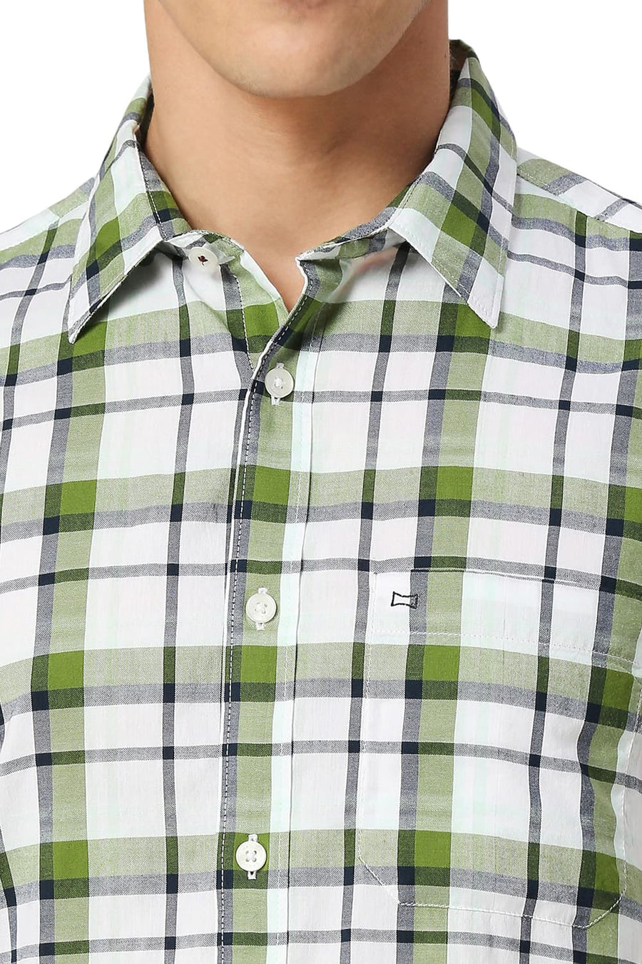BASICS SLIM FIT TREETOP GREEN COTTON OXFORD CHECKS HALFSLEEVES SHIRT