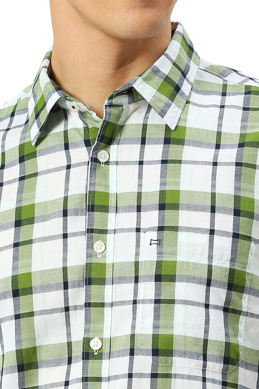 BASICS SLIM FIT TREETOP GREEN COTTON OXFORD CHECKS SHIRT
