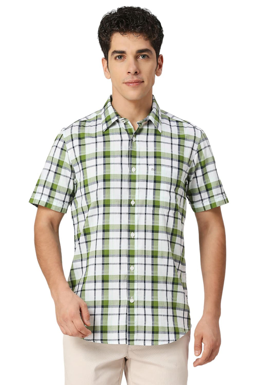 BASICS SLIM FIT TREETOP GREEN COTTON OXFORD CHECKS HALFSLEEVES SHIRT