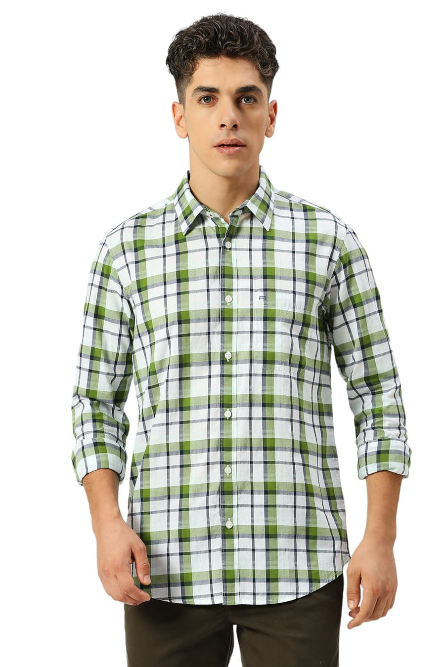 BASICS SLIM FIT TREETOP GREEN COTTON OXFORD CHECKS SHIRT