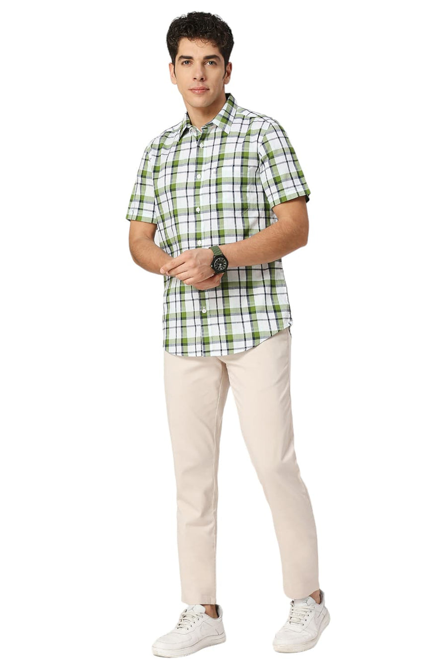 BASICS SLIM FIT TREETOP GREEN COTTON OXFORD CHECKS HALFSLEEVES SHIRT