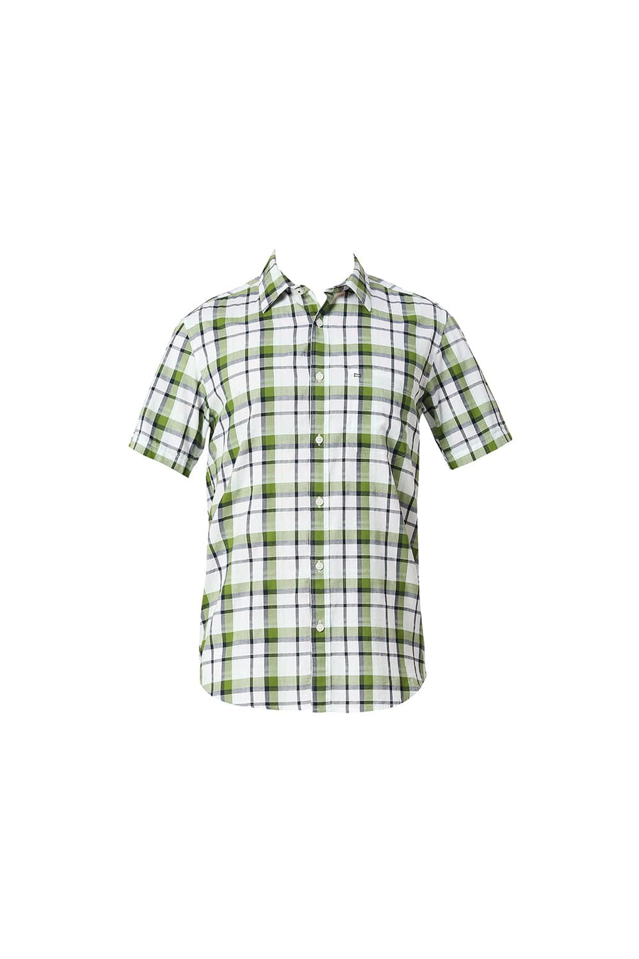 BASICS SLIM FIT TREETOP GREEN COTTON OXFORD CHECKS HALFSLEEVES SHIRT