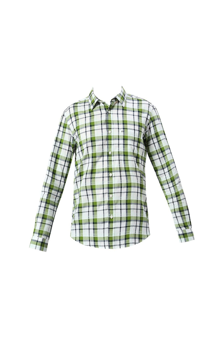 BASICS SLIM FIT TREETOP GREEN COTTON OXFORD CHECKS SHIRT