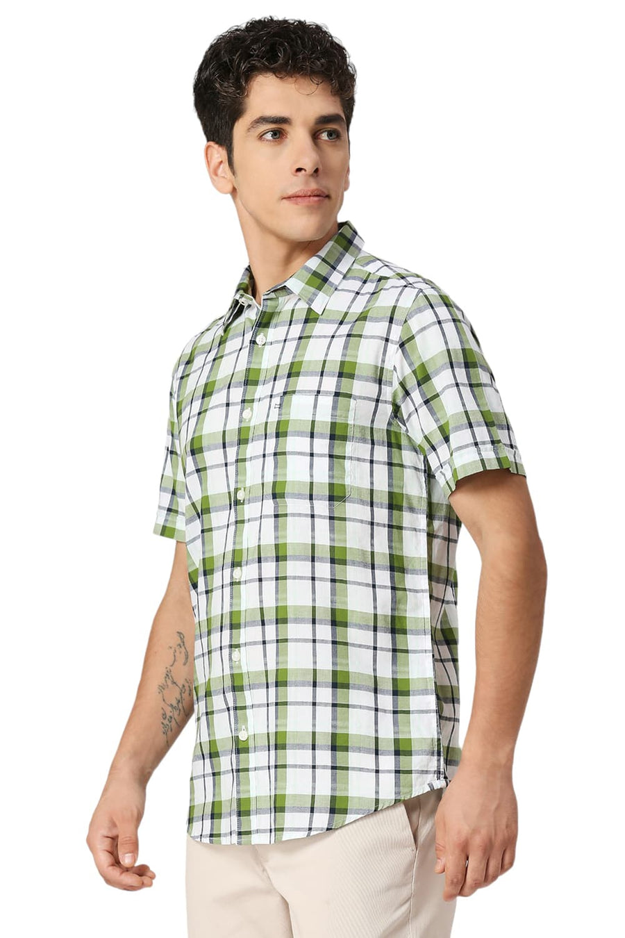 BASICS SLIM FIT TREETOP GREEN COTTON OXFORD CHECKS HALFSLEEVES SHIRT