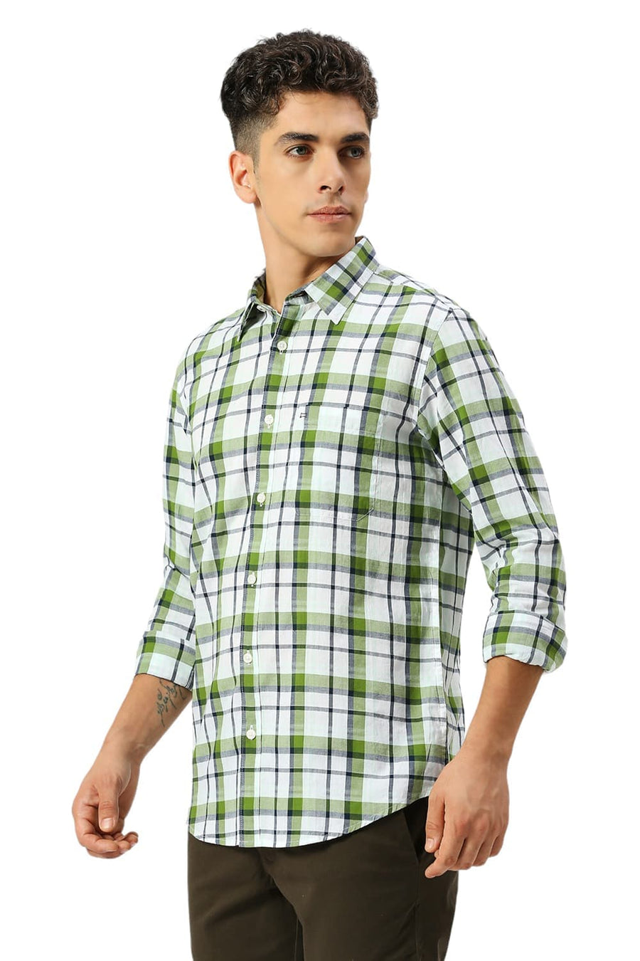 BASICS SLIM FIT TREETOP GREEN COTTON OXFORD CHECKS SHIRT