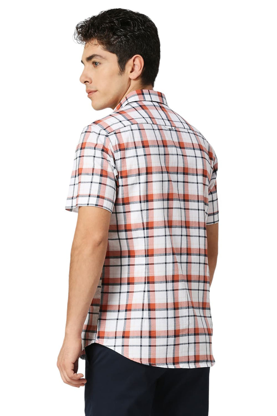 BASICS SLIM FIT CLAY BROWN COTTON OXFORD CHECKS HALFSLEEVES SHIRT
