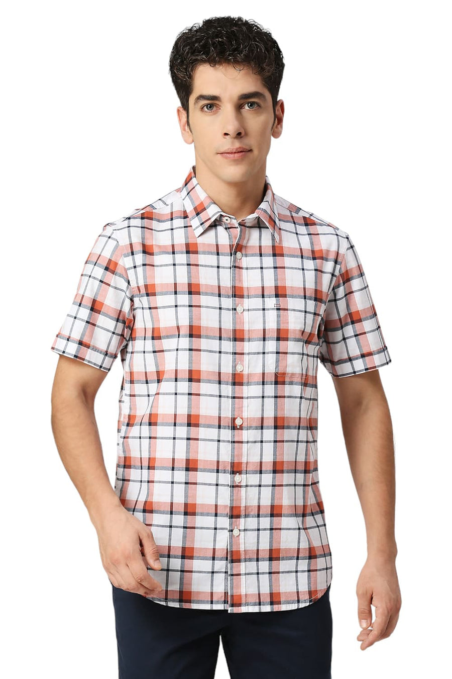 BASICS SLIM FIT CLAY BROWN COTTON OXFORD CHECKS HALFSLEEVES SHIRT