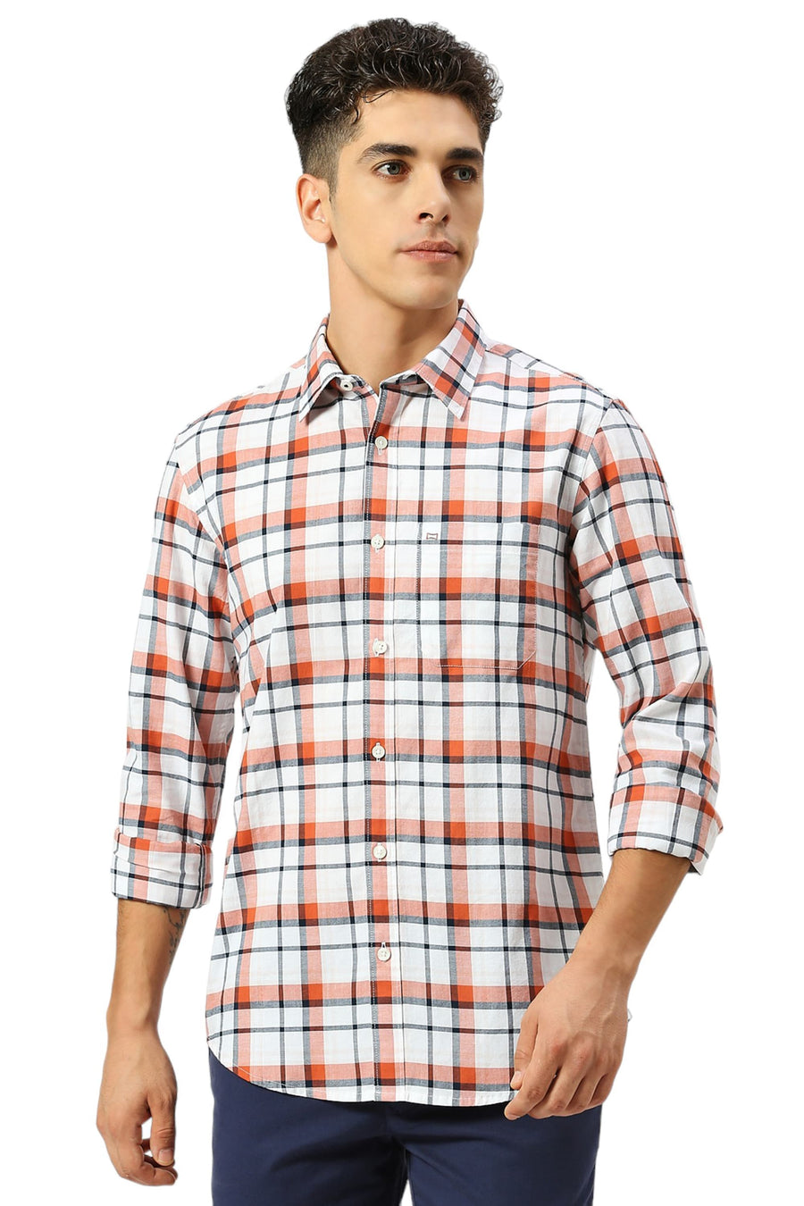 BASICS SLIM FIT CLAY BROWN COTTON OXFORD CHECKS SHIRT