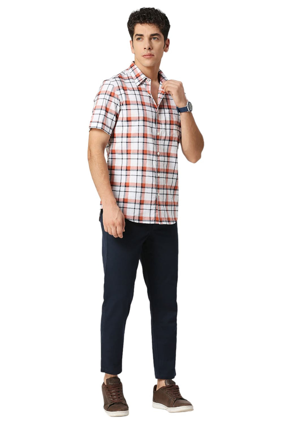 BASICS SLIM FIT CLAY BROWN COTTON OXFORD CHECKS HALFSLEEVES SHIRT