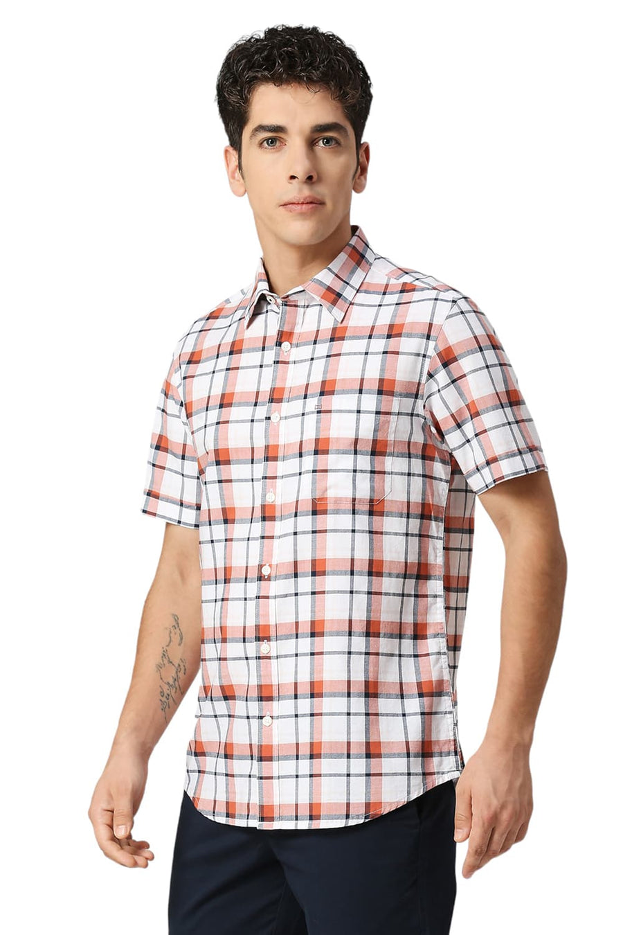 BASICS SLIM FIT CLAY BROWN COTTON OXFORD CHECKS HALFSLEEVES SHIRT