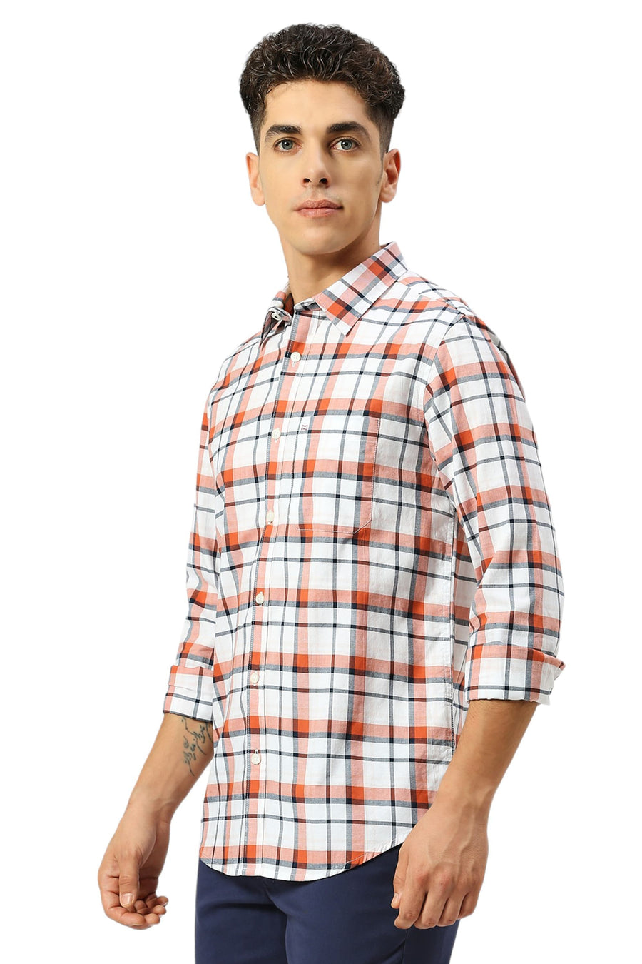 BASICS SLIM FIT CLAY BROWN COTTON OXFORD CHECKS SHIRT