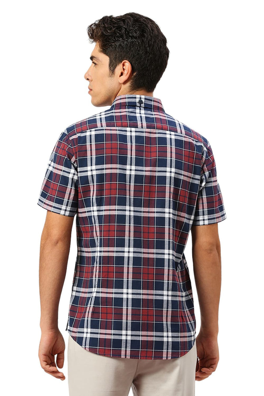 BASICS SLIM FIT NAVY OPAL COTTON OXFORD CHECKS HALFSLEEVES SHIRT