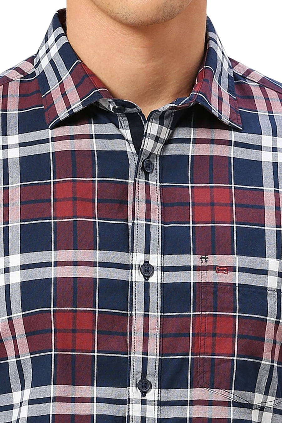 BASICS SLIM FIT NAVY OPAL COTTON OXFORD CHECKS HALFSLEEVES SHIRT
