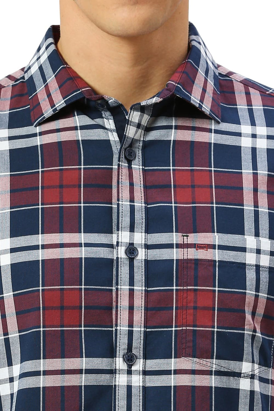 BASICS SLIM FIT NAVY OPAL COTTON OXFORD CHECKS SHIRT