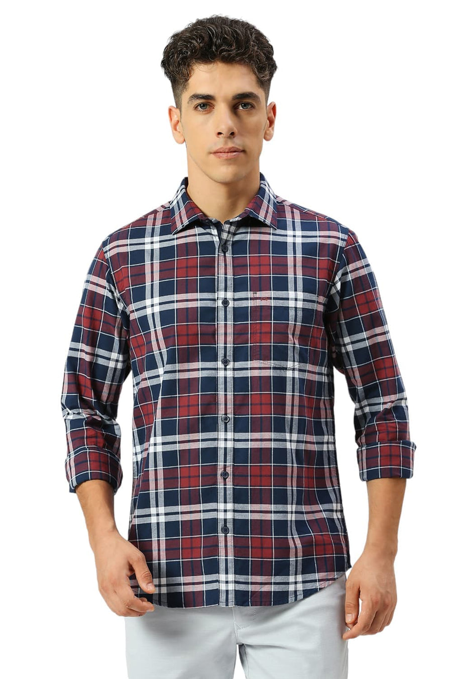 BASICS SLIM FIT NAVY OPAL COTTON OXFORD CHECKS SHIRT