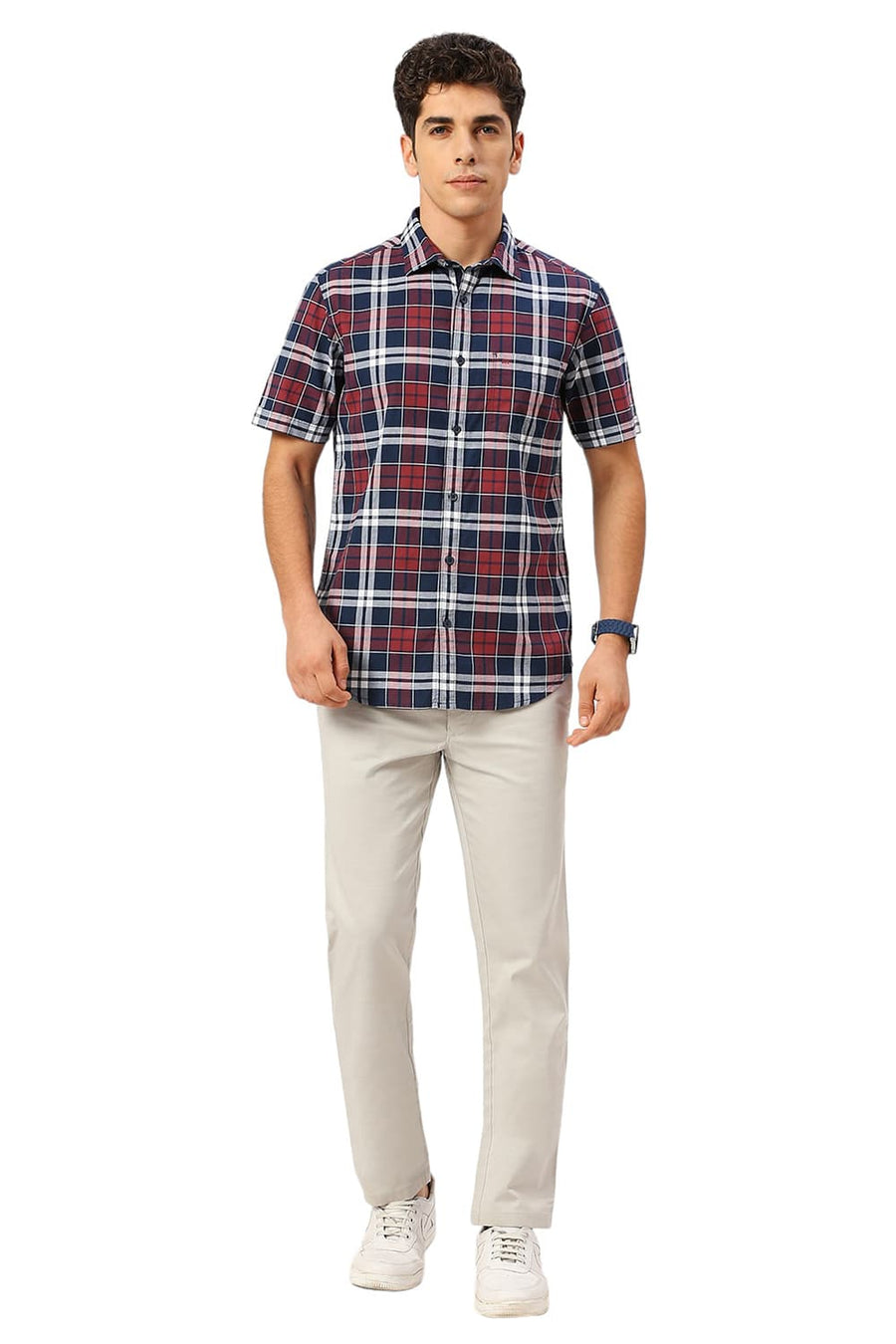 BASICS SLIM FIT NAVY OPAL COTTON OXFORD CHECKS HALFSLEEVES SHIRT