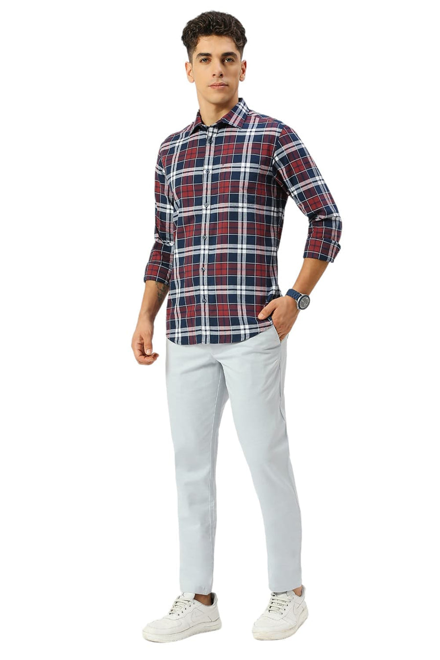BASICS SLIM FIT NAVY OPAL COTTON OXFORD CHECKS SHIRT