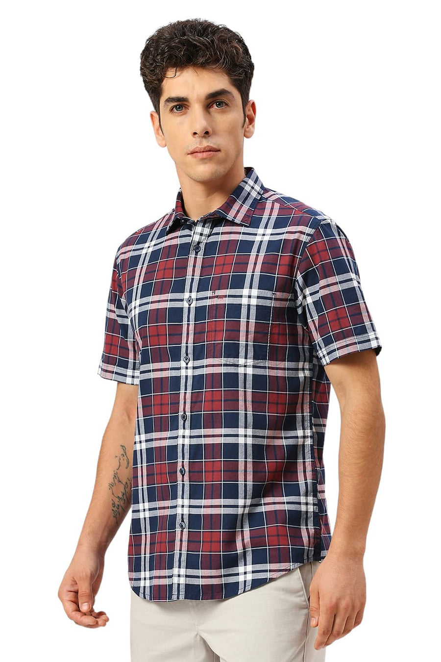 BASICS SLIM FIT NAVY OPAL COTTON OXFORD CHECKS HALFSLEEVES SHIRT