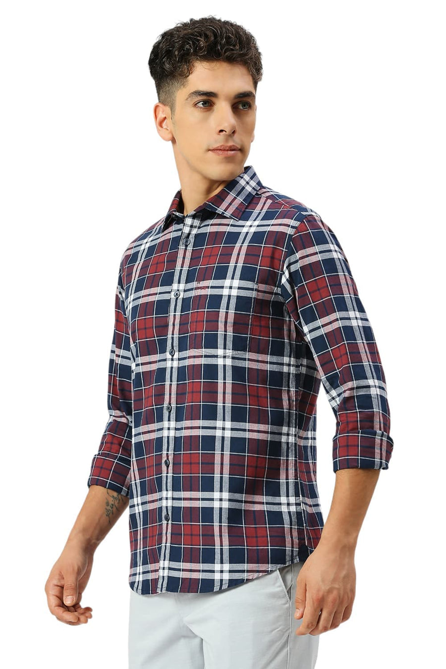 BASICS SLIM FIT NAVY OPAL COTTON OXFORD CHECKS SHIRT