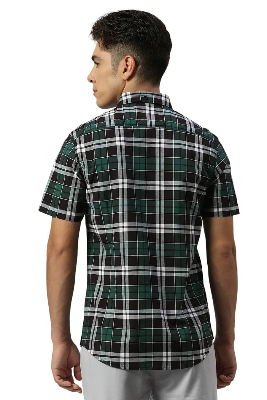 BASICS SLIM FIT FOREST BLACK COTTON OXFORD CHECKS HALFSLEEVES SHIRT