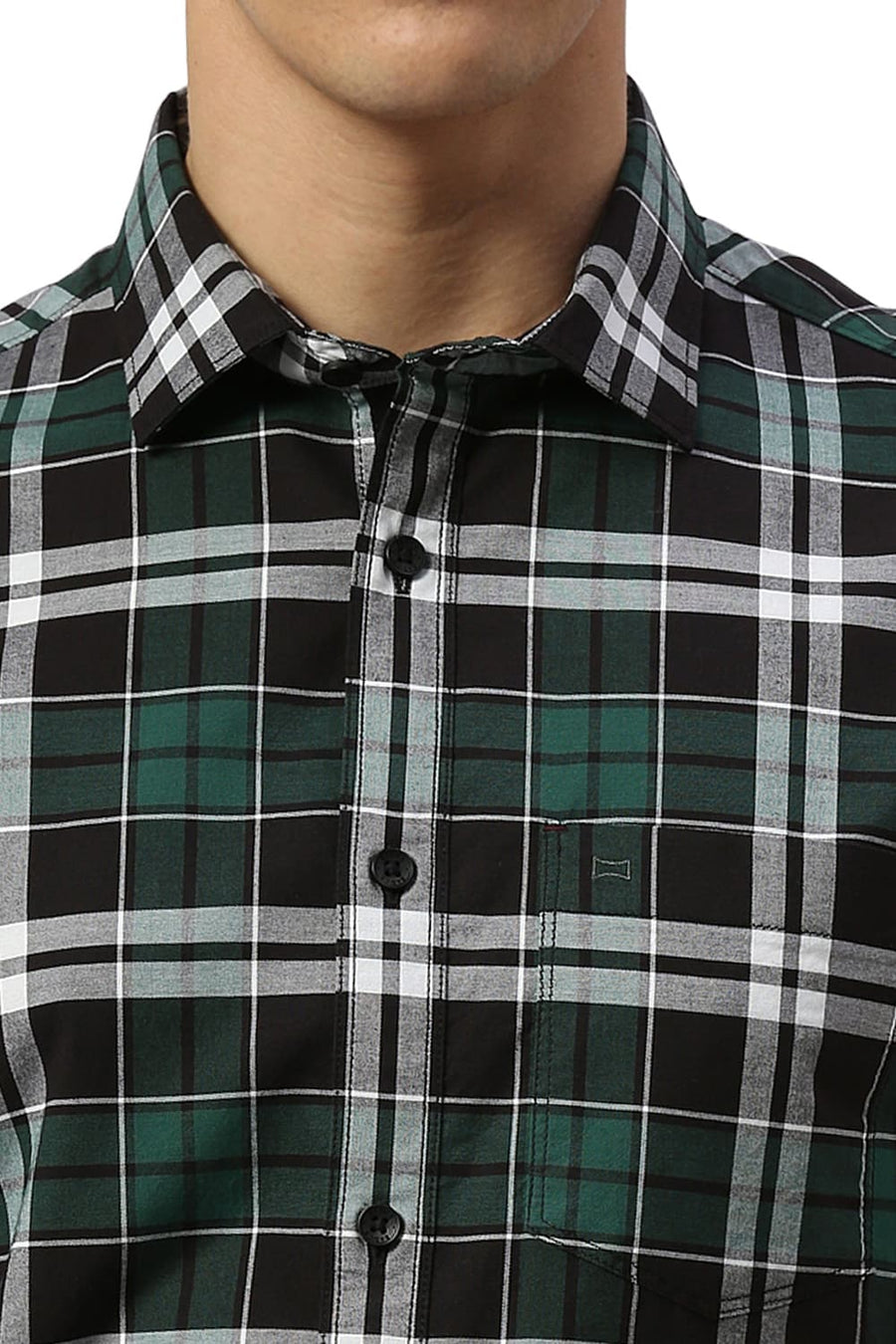 BASICS SLIM FIT FOREST BLACK COTTON OXFORD CHECKS HALFSLEEVES SHIRT