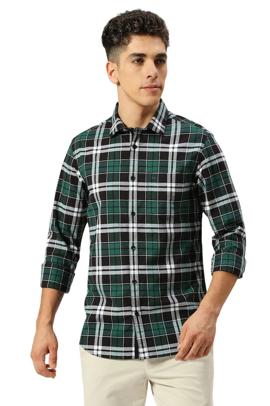 BASICS SLIM FIT FOREST BLACK COTTON OXFORD CHECKS SHIRT