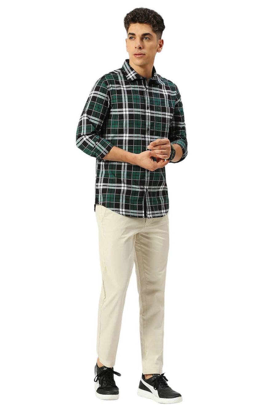 BASICS SLIM FIT FOREST BLACK COTTON OXFORD CHECKS SHIRT