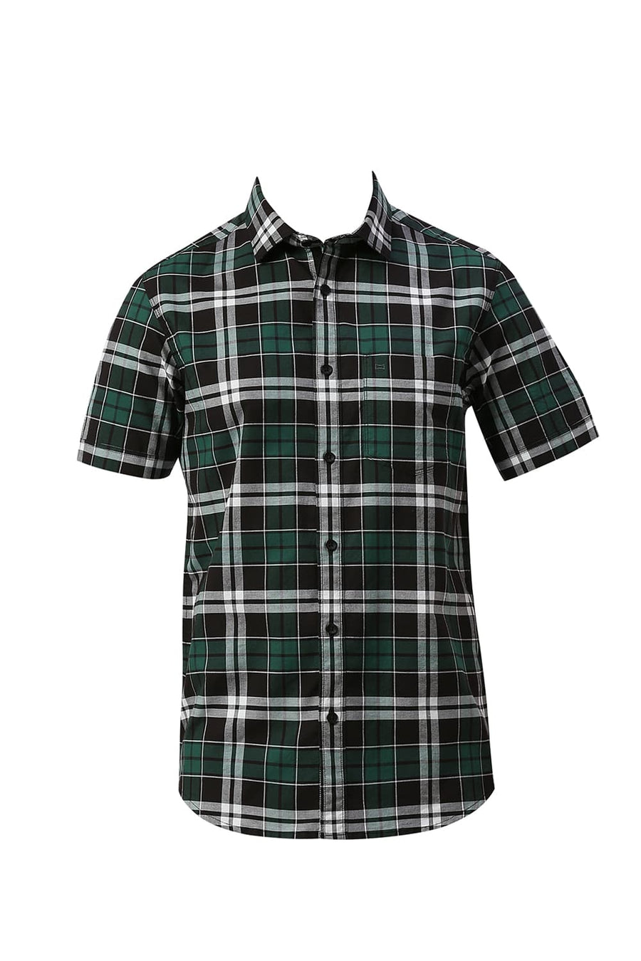 BASICS SLIM FIT FOREST BLACK COTTON OXFORD CHECKS HALFSLEEVES SHIRT