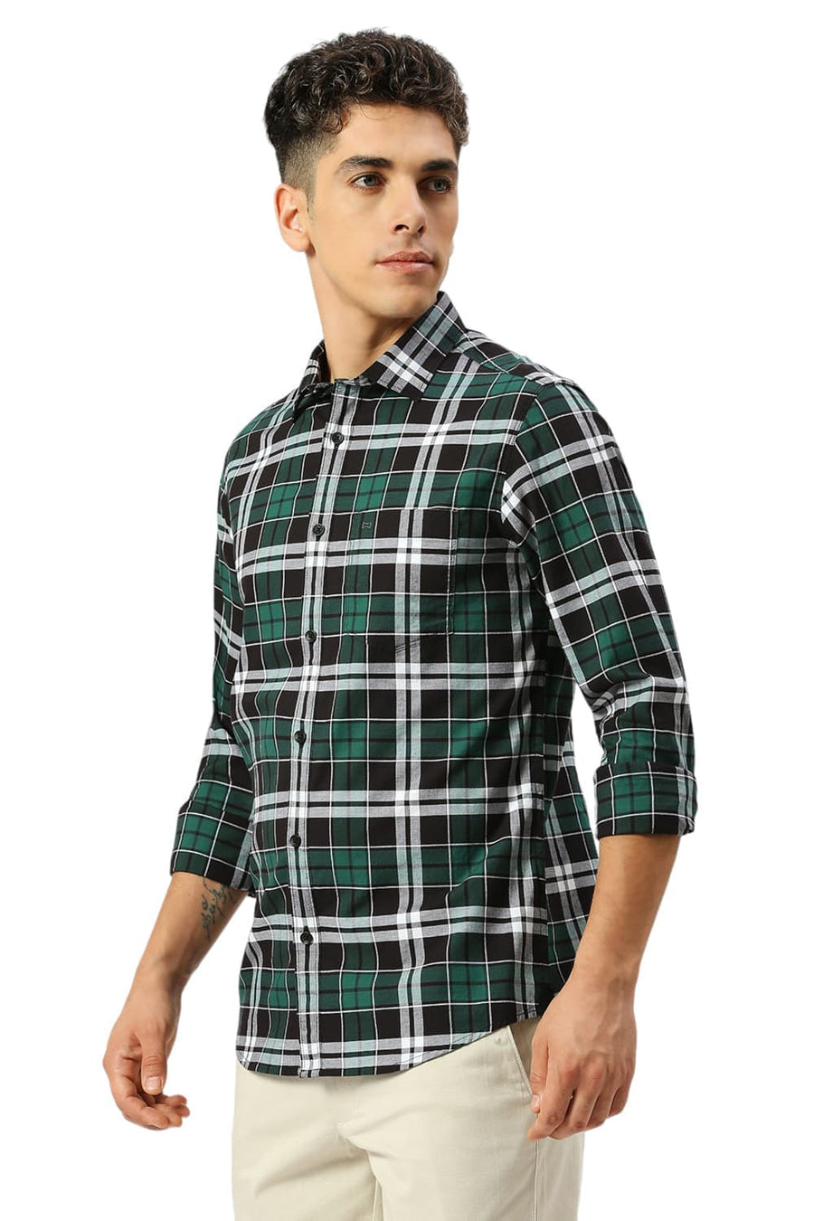 BASICS SLIM FIT FOREST BLACK COTTON OXFORD CHECKS SHIRT