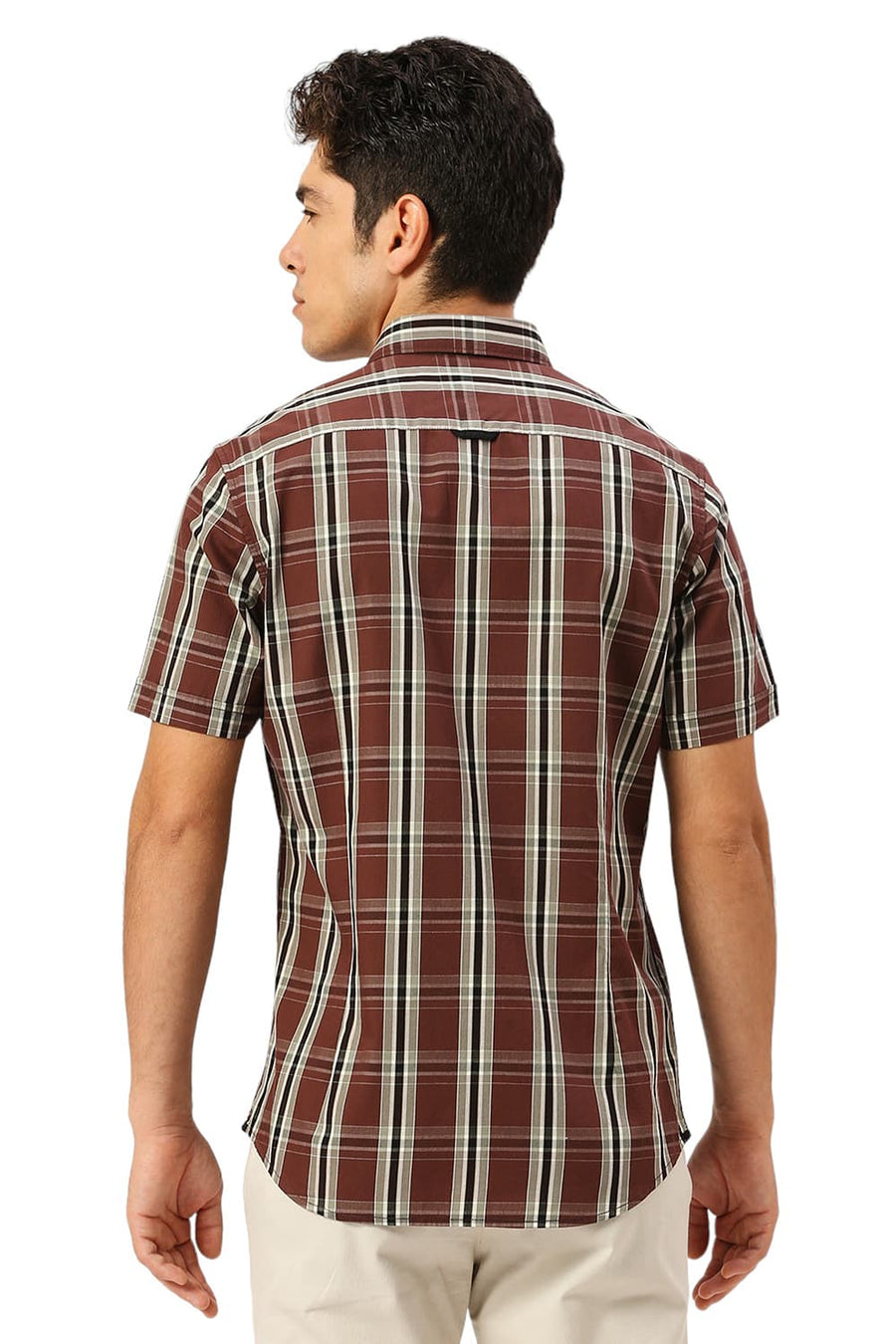 BASICS SLIM FIT FONDANT BROWN COTTON CAVALRY TWILL CHECKS HALFSLEEVES SHIRT