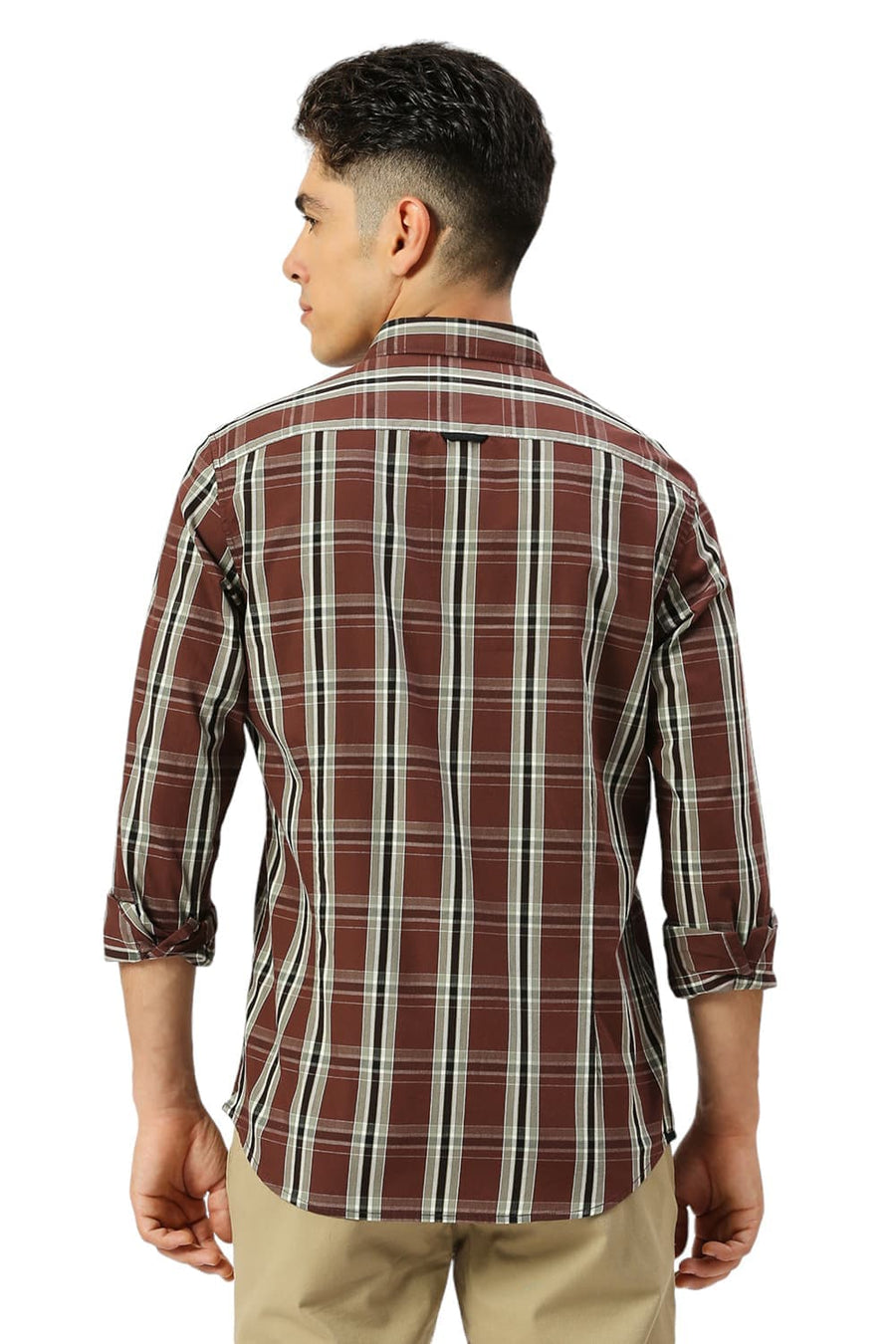 BASICS SLIM FIT FONDANT BROWN COTTON CAVALRY TWILL CHECKS SHIRT
