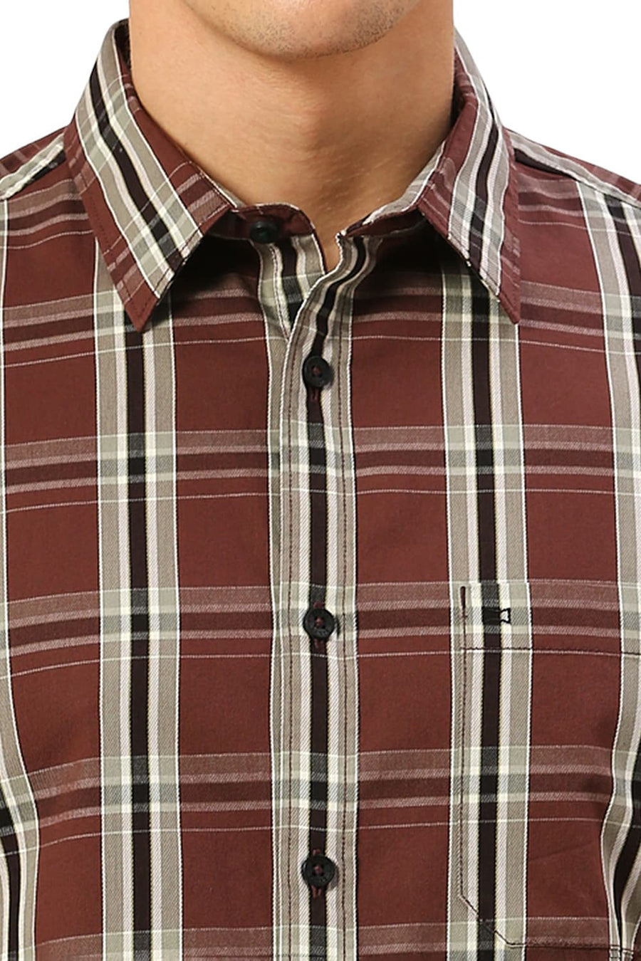 BASICS SLIM FIT FONDANT BROWN COTTON CAVALRY TWILL CHECKS HALFSLEEVES SHIRT