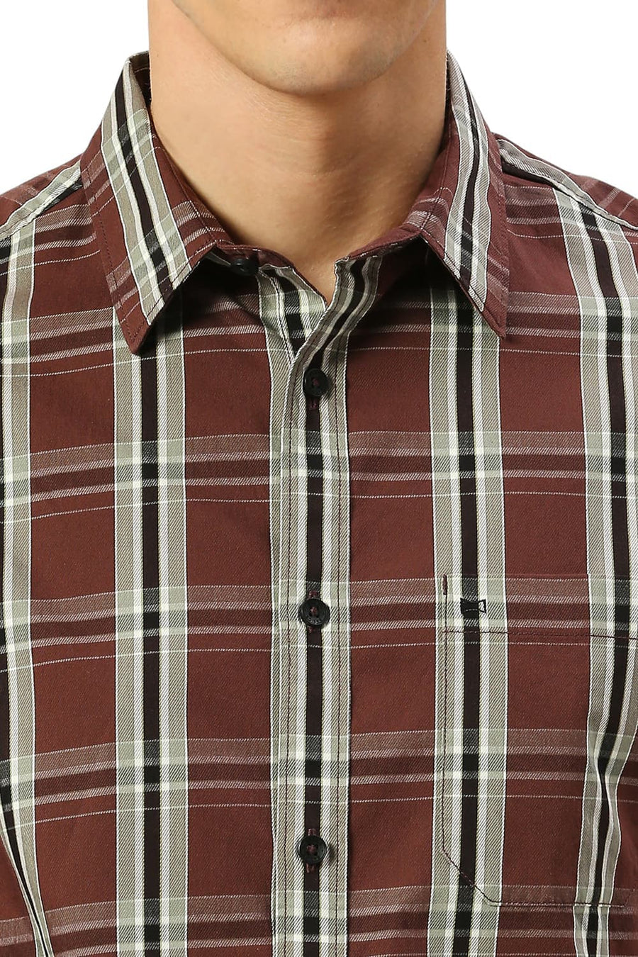 BASICS SLIM FIT FONDANT BROWN COTTON CAVALRY TWILL CHECKS SHIRT