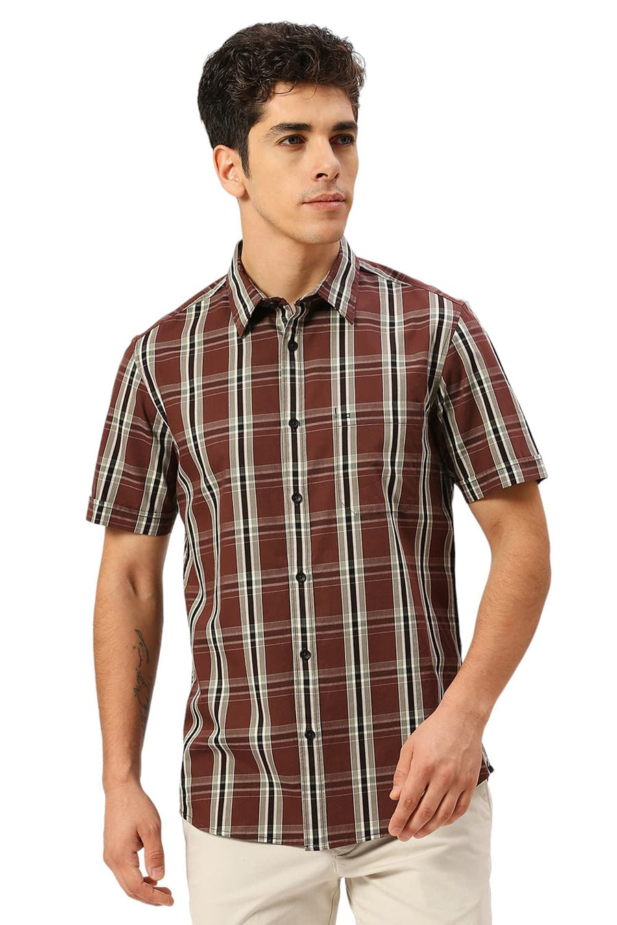 BASICS SLIM FIT FONDANT BROWN COTTON CAVALRY TWILL CHECKS HALFSLEEVES SHIRT