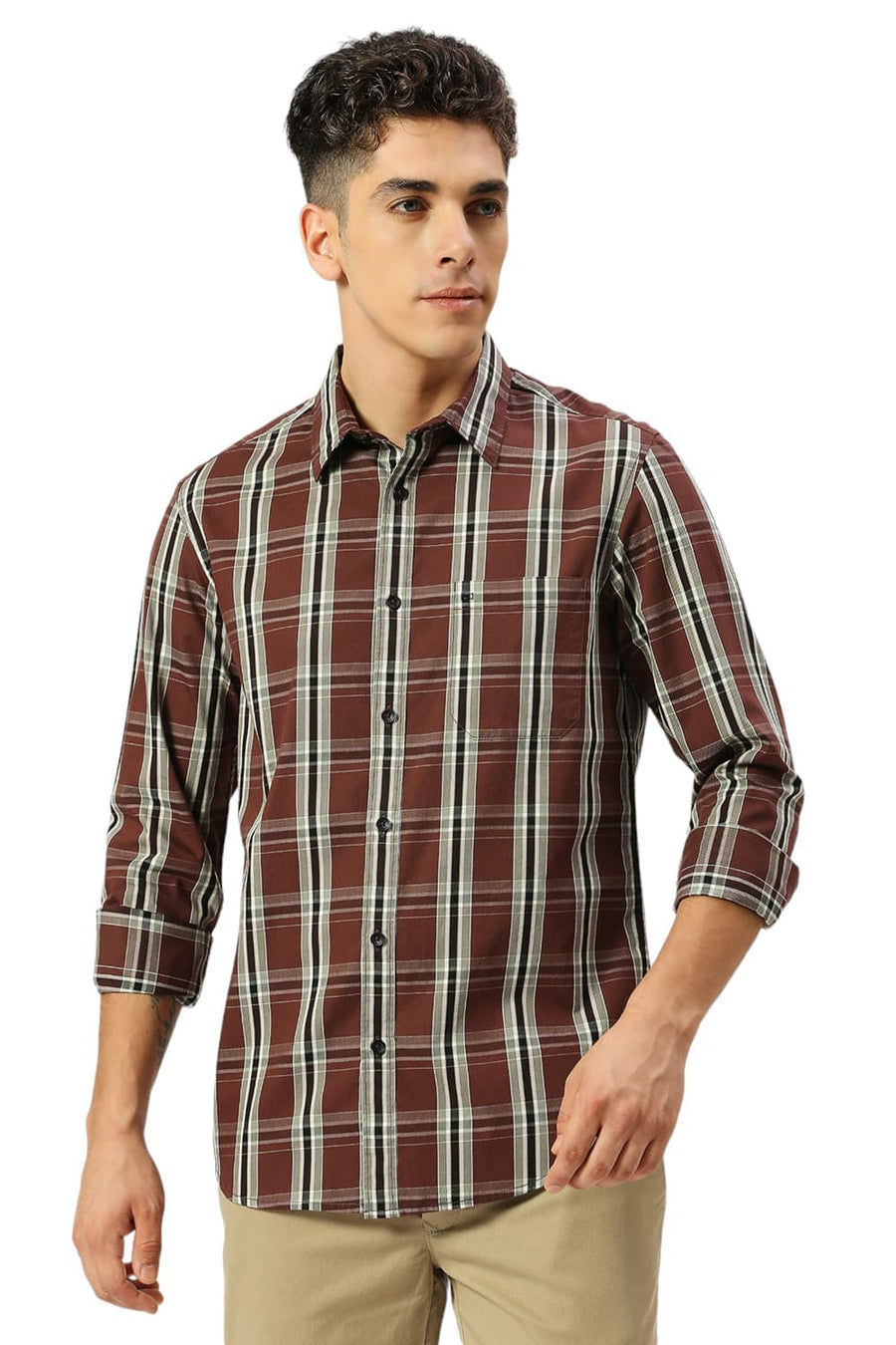 BASICS SLIM FIT FONDANT BROWN COTTON CAVALRY TWILL CHECKS SHIRT