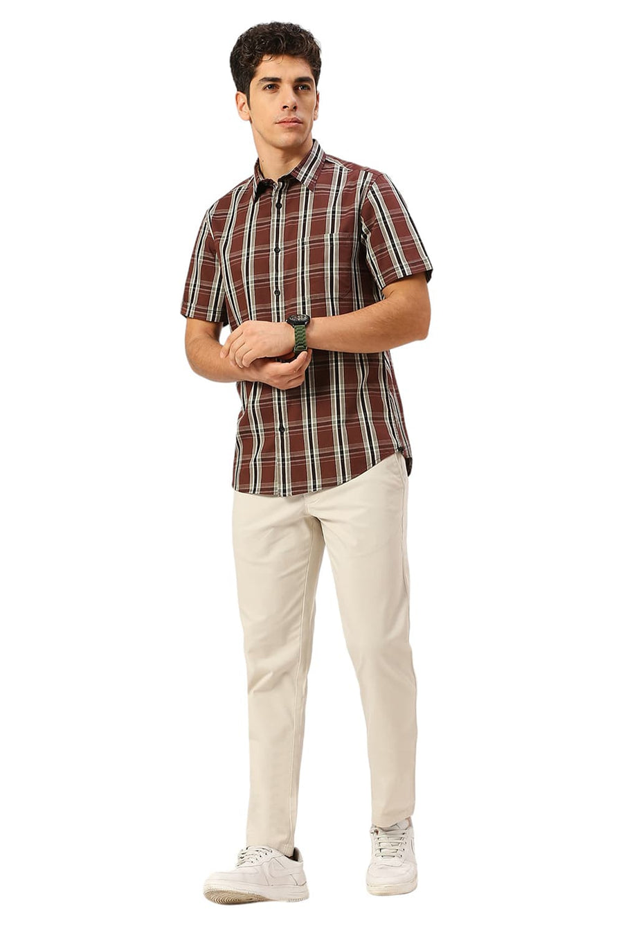 BASICS SLIM FIT FONDANT BROWN COTTON CAVALRY TWILL CHECKS HALFSLEEVES SHIRT