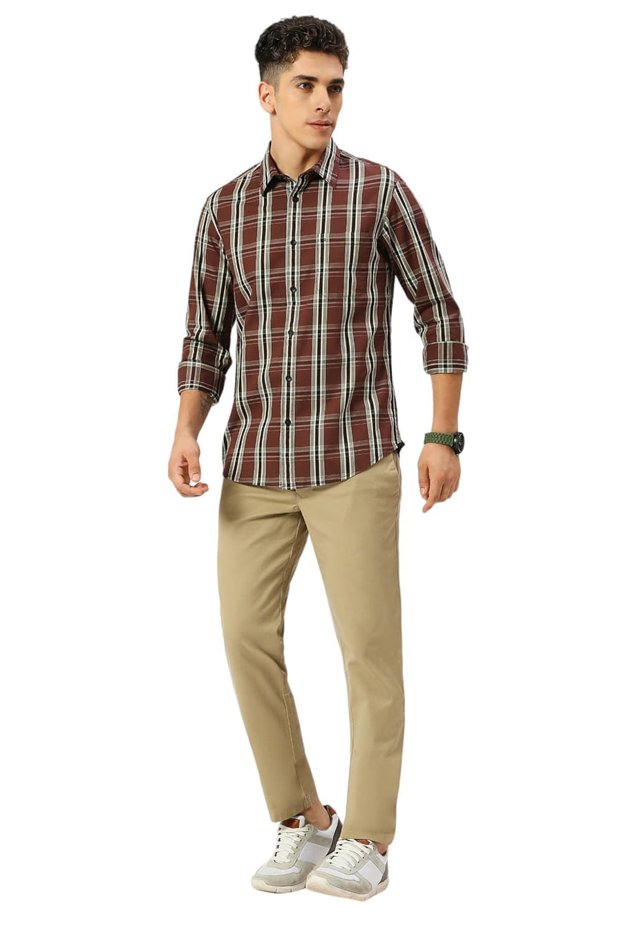 BASICS SLIM FIT FONDANT BROWN COTTON CAVALRY TWILL CHECKS SHIRT