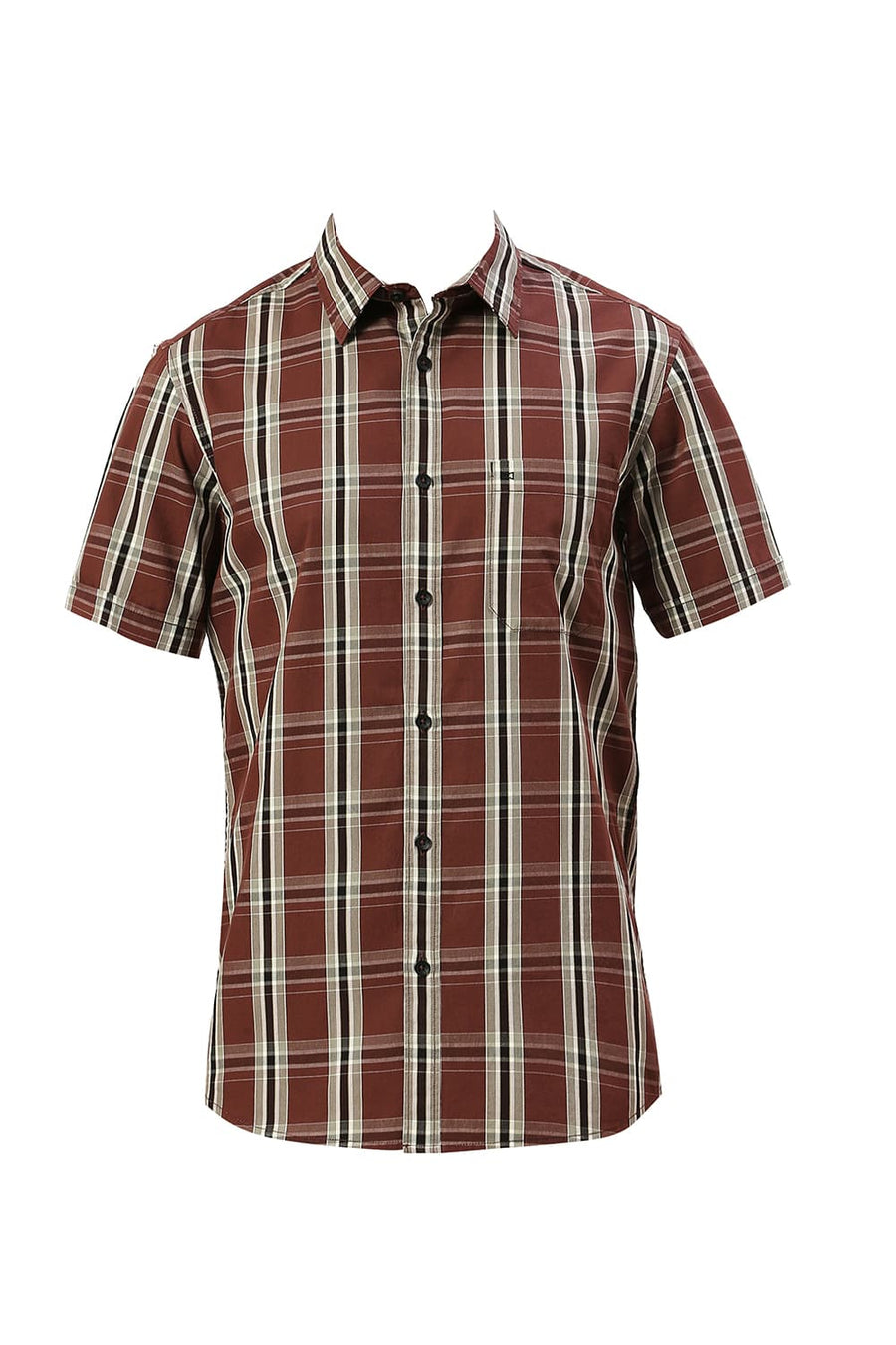 BASICS SLIM FIT FONDANT BROWN COTTON CAVALRY TWILL CHECKS HALFSLEEVES SHIRT