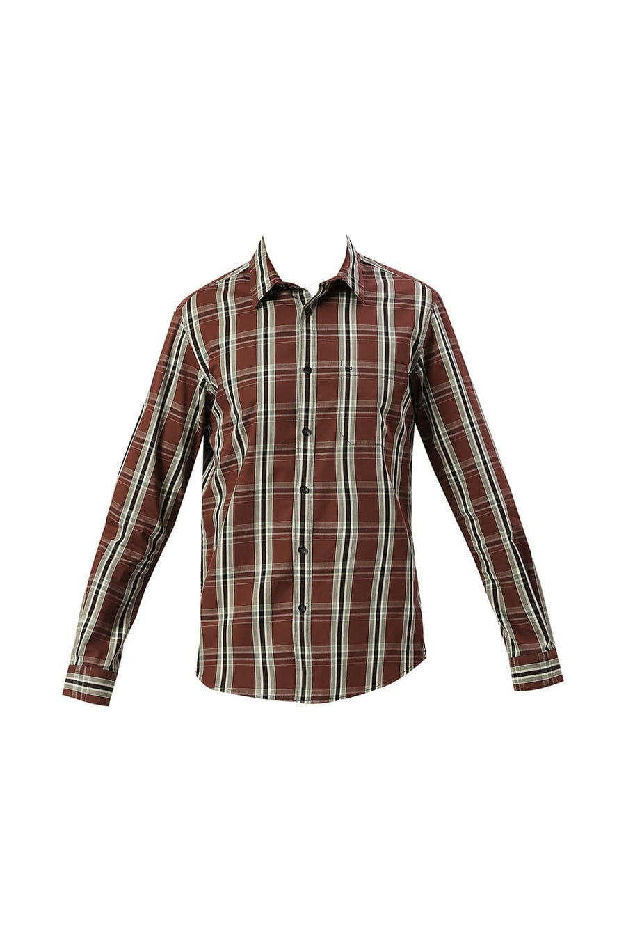BASICS SLIM FIT FONDANT BROWN COTTON CAVALRY TWILL CHECKS SHIRT